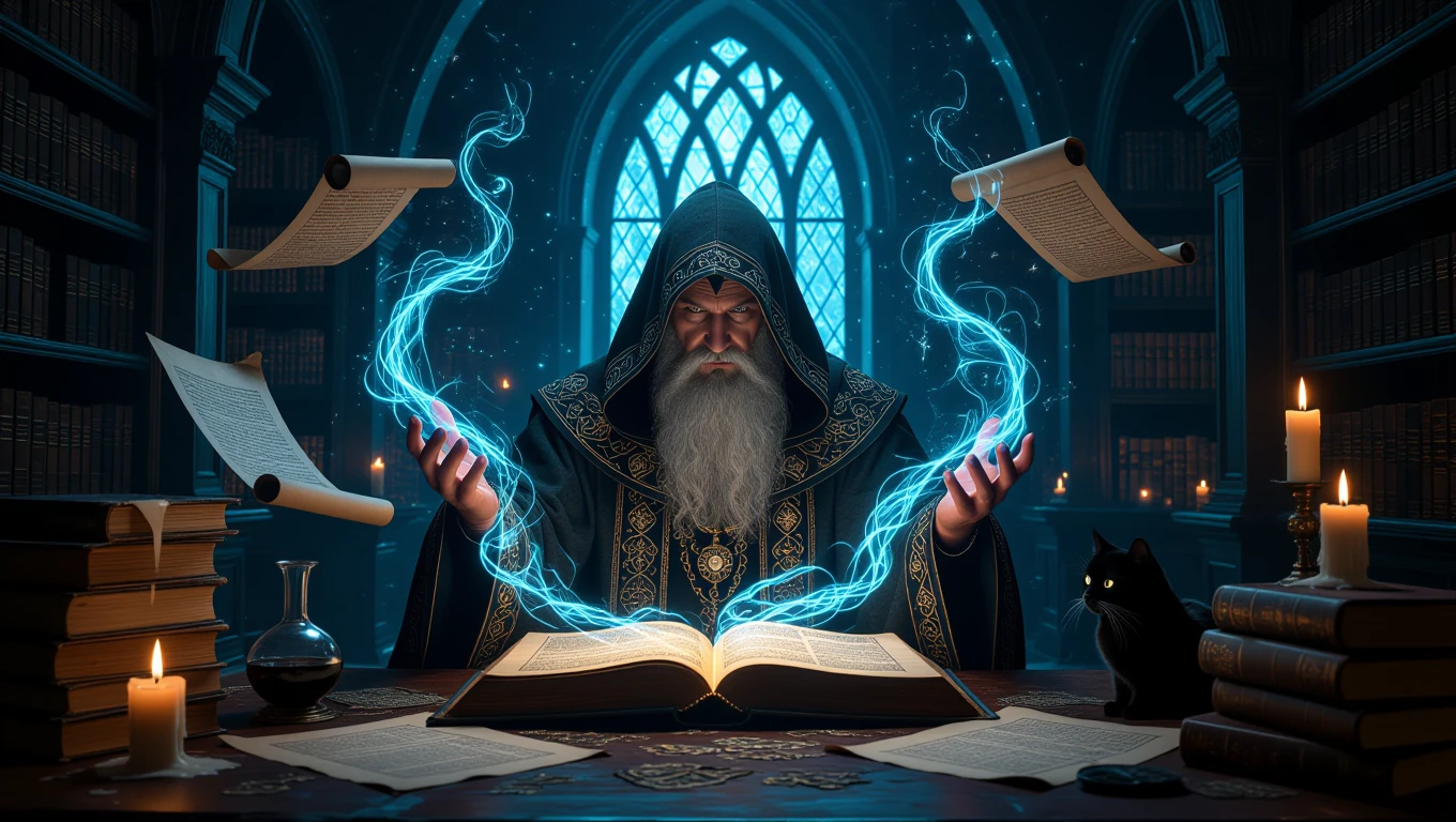 Ein weiser Zauberer mit langen Haaren und einem Buch, umgeben von schwebenden Schriftrollen und magischer Energie.