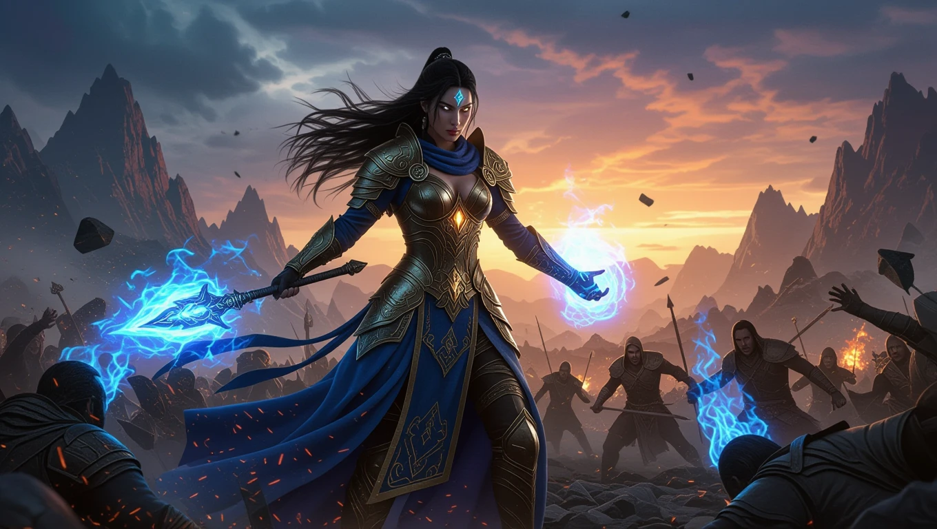 Eine mächtige Zauberin, umgeben von magischer Energie, steht im Kampf.