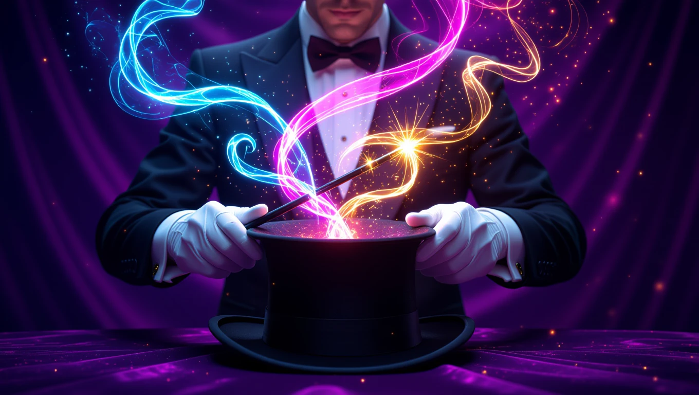 Ein Zauberer mit einem Zylinder und einem Zauberstab, der magische Lichter erzeugt.