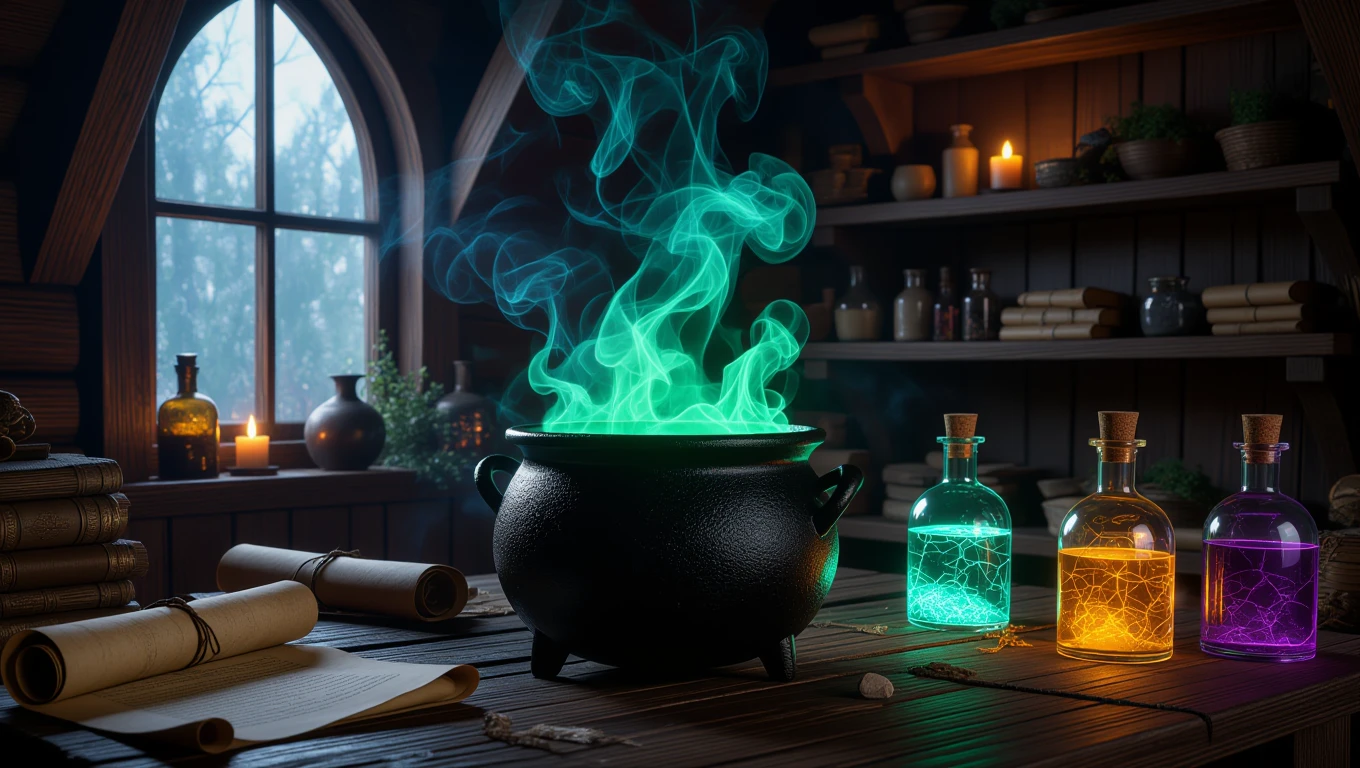 Ein schwarzer Kessel mit leuchtendem, grünem Dampf in einem magischen Raum.