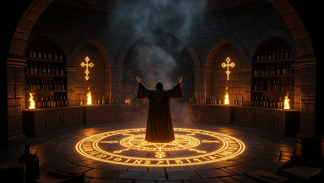 Ein mystischer Zauberer steht in einem magischen Kreis, umgeben von brennenden Fackeln.