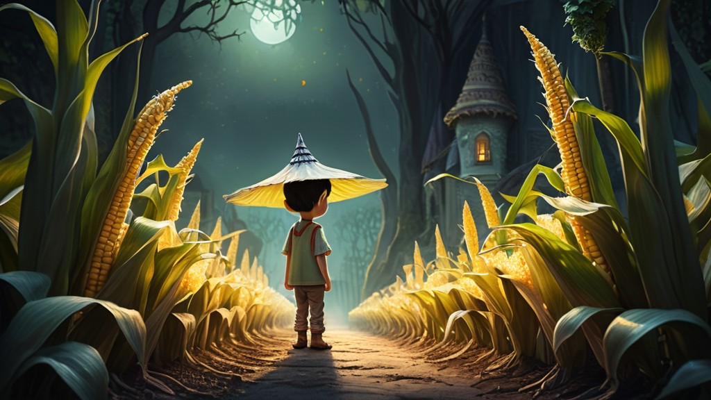 Ein Kind steht in einem leuchtenden Maisfeld unter dem Mondlicht.