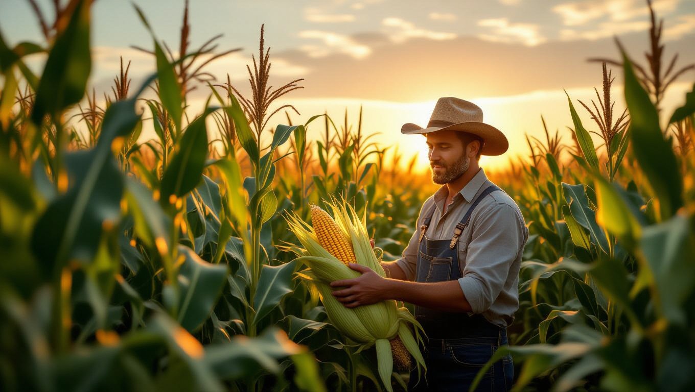 Ein Landwirt steht in einem Maisfeld und hält frische Maiskolben in der Hand.