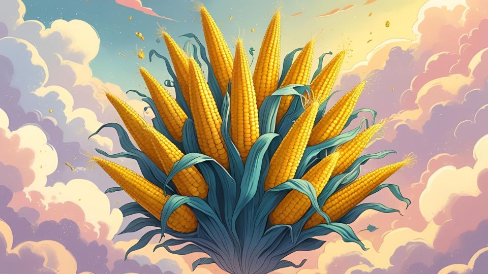 Ein prächtiger Maiskolben mit leuchtend gelben Körnern vor einem bunten Himmel.