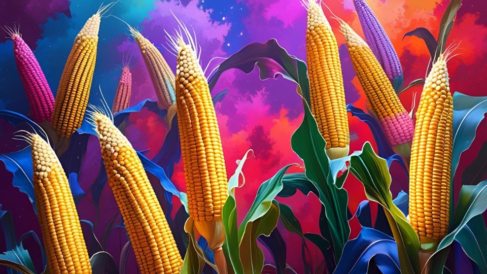 Bunte Maiskolben stehen in einem lebhaften, farbenfrohen Feld.