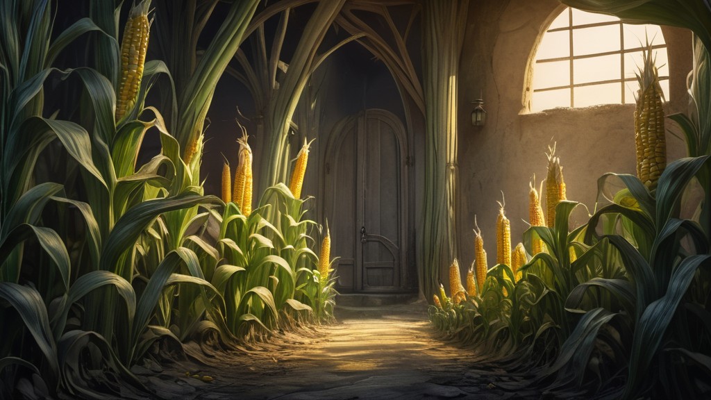 Ein Weg durch ein Maisfeld mit reifen Kolben und einer offenen Tür im Hintergrund.