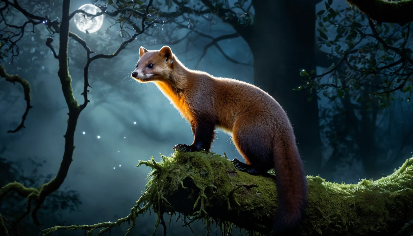 Ein Marder steht auf einem moosbedeckten Ast im Mondlicht.