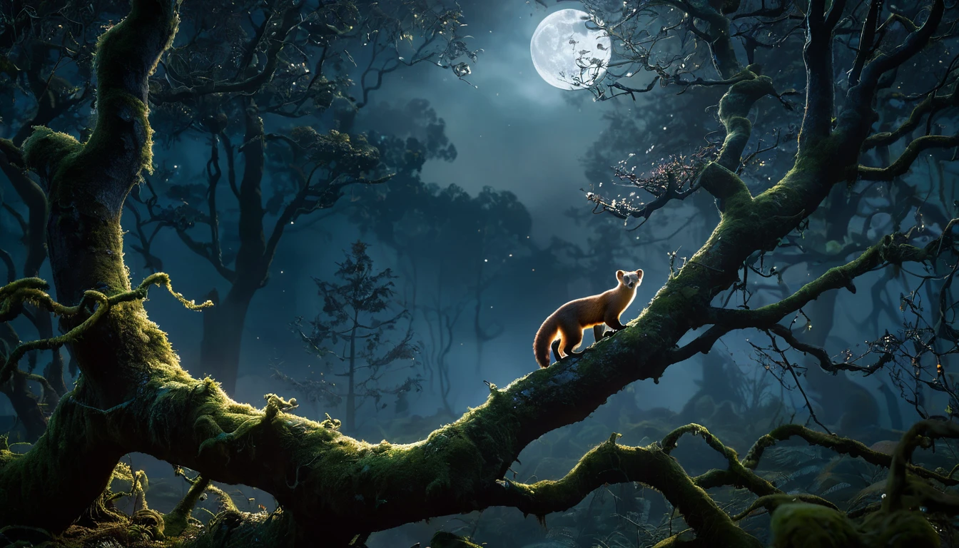 Ein Marder steht auf einem moosbedeckten Baumast unter dem Mondlicht.