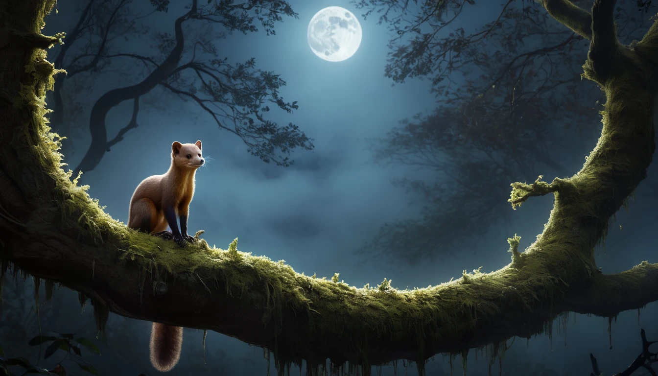 Ein Marder sitzt auf einem moosbedeckten Ast unter dem Mondlicht.