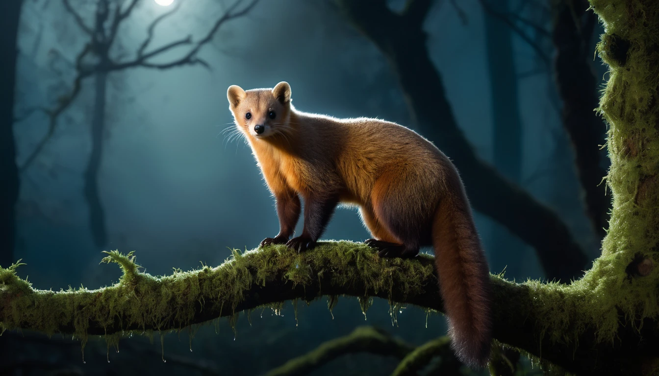 Ein Marder sitzt auf einem moosbedeckten Ast im dunklen Wald.