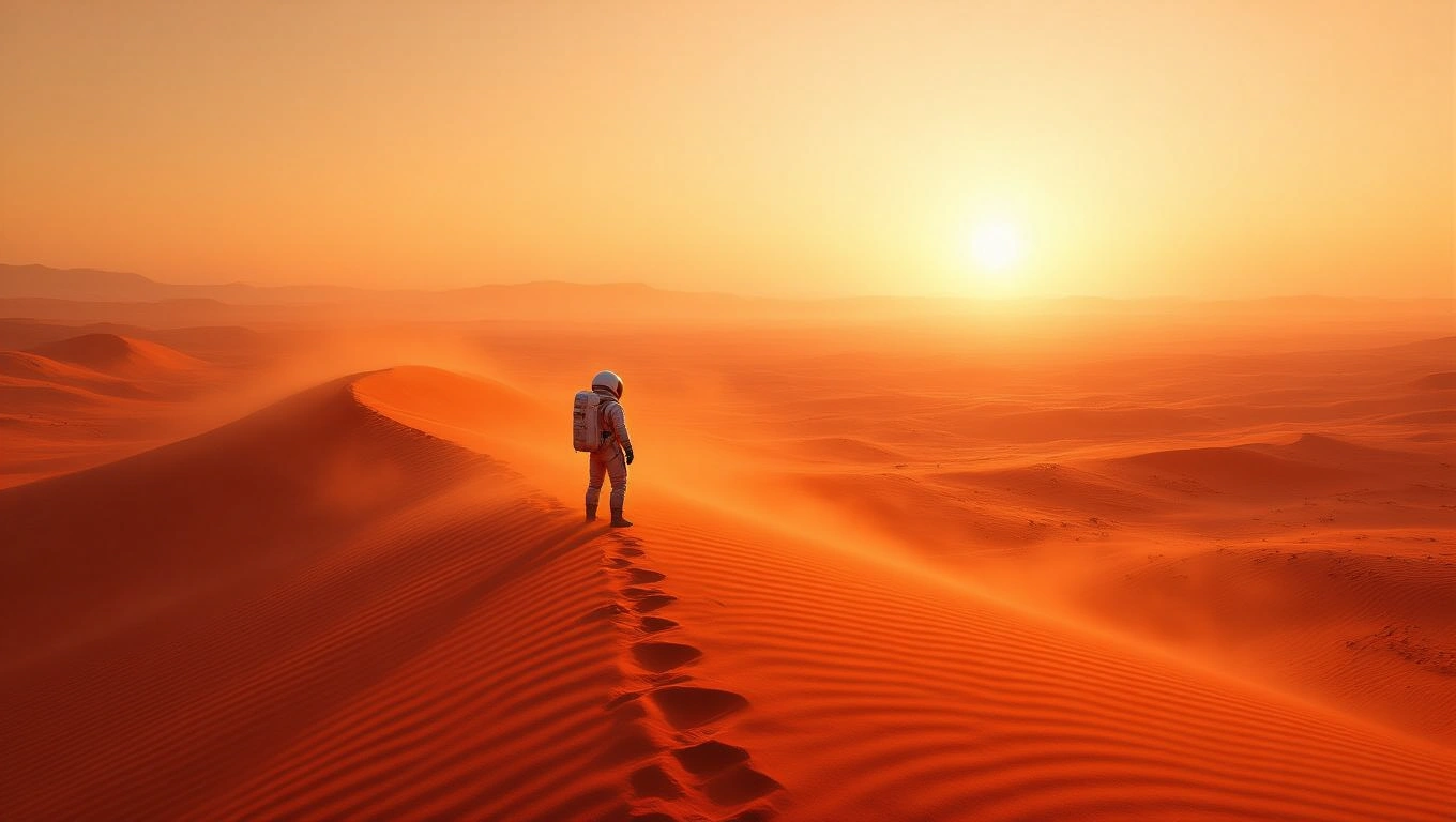 Ein Astronaut steht in einer roten Wüstenlandschaft unter einem orangefarbenen Himmel.