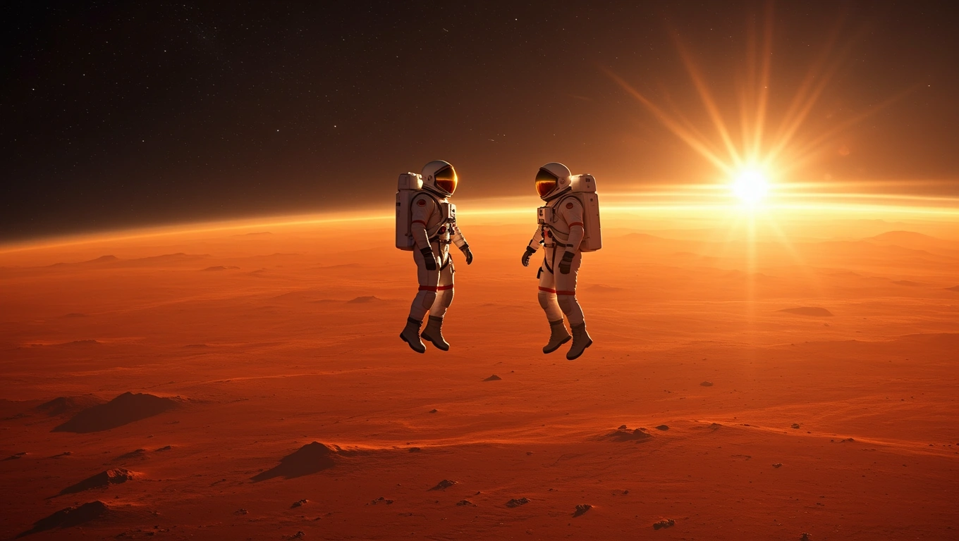 Zwei Astronauten schweben über der roten Marsoberfläche bei Sonnenaufgang.