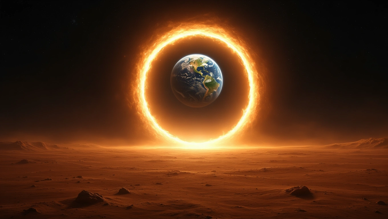 Ein faszinierender Blick auf die Erde, umgeben von einem leuchtenden Ring auf dem Mars.