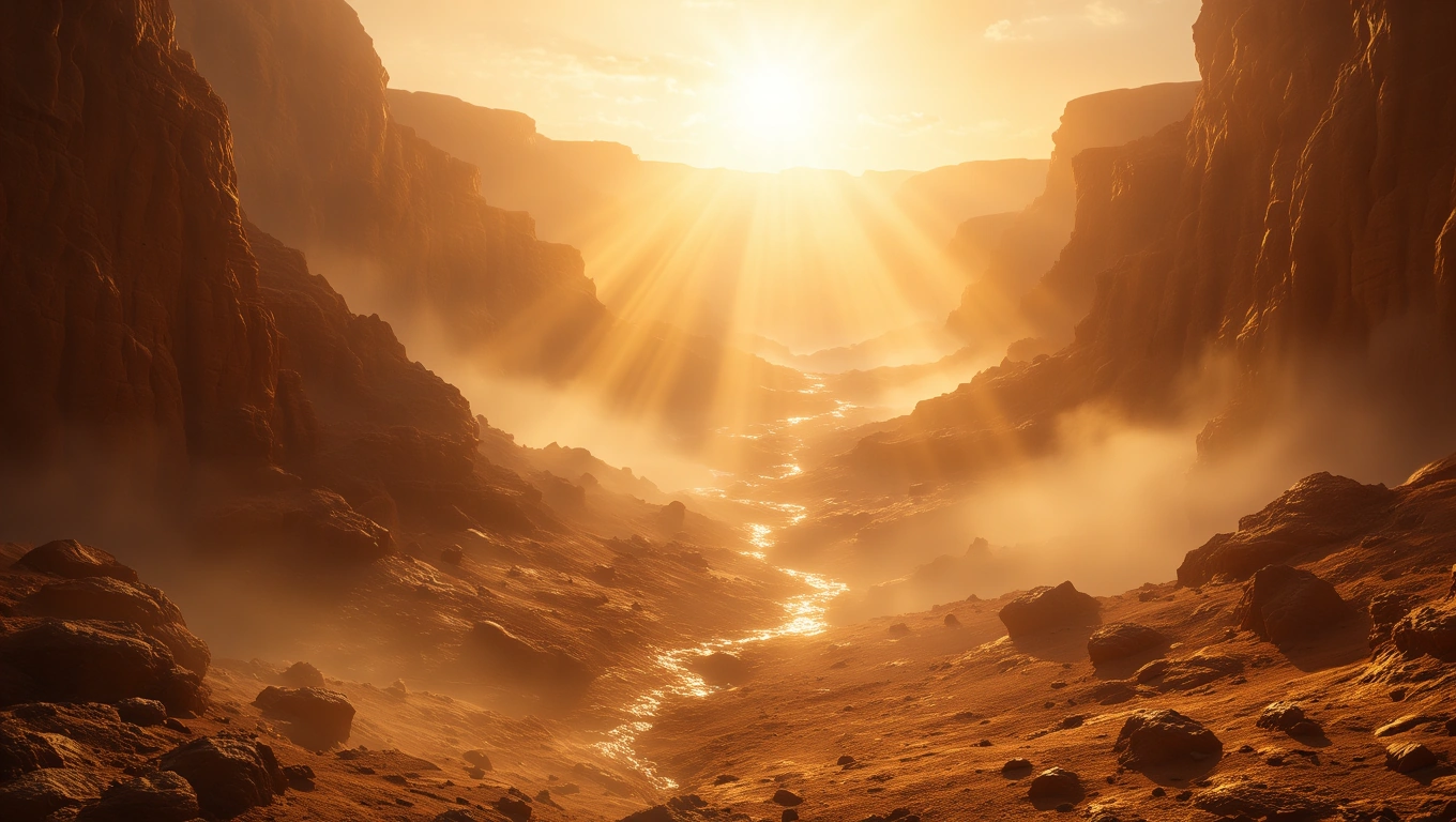 Eine atemberaubende Marslandschaft mit Sonnenstrahlen, die durch die Schluchten scheinen.