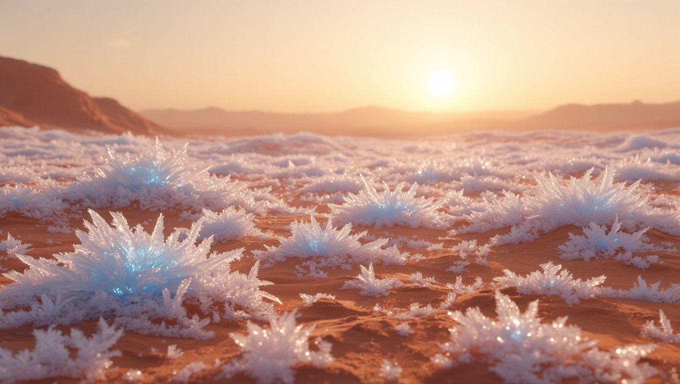 Eine frostige Landschaft auf dem Mars mit glitzernden Eiskristallen im Sonnenlicht.