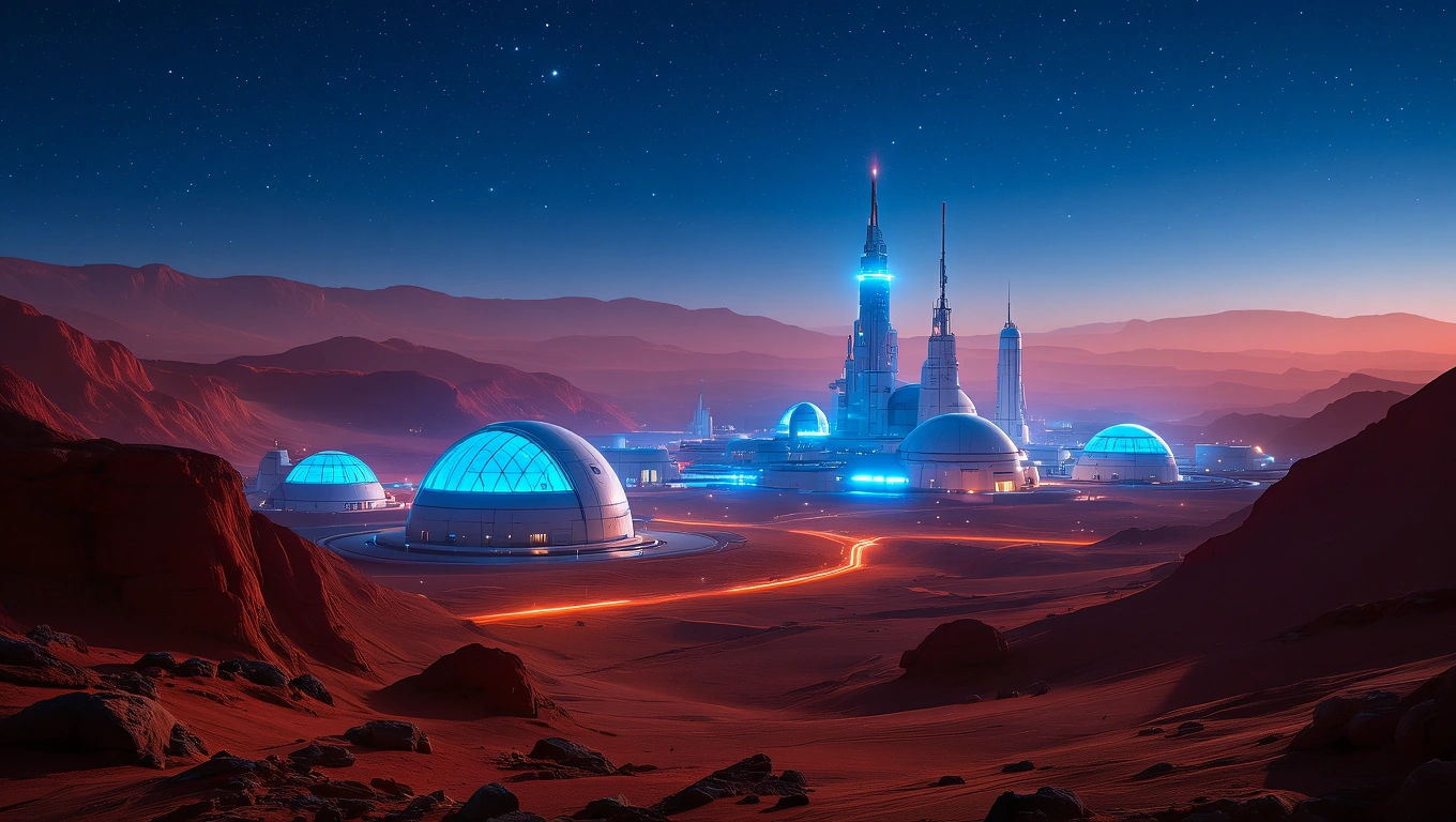 Futuristische Marslandschaft mit leuchtenden Kuppeln und Türmen.