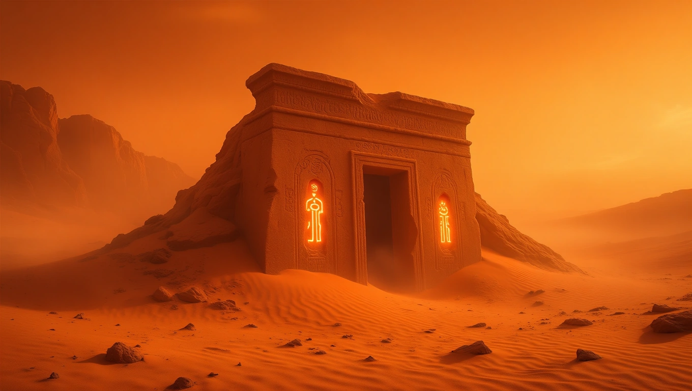 Eine geheimnisvolle, leuchtende Struktur in einer roten Marslandschaft.