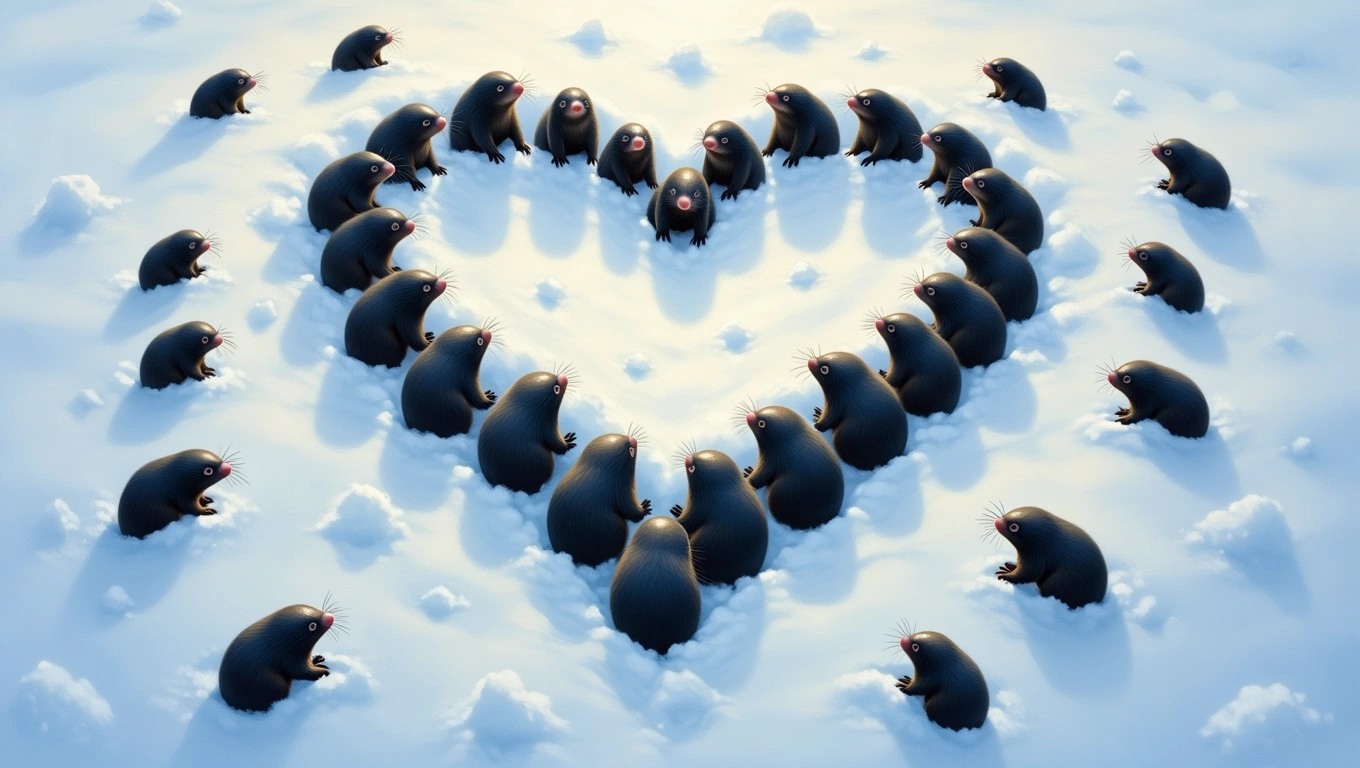 Eine Gruppe von Maulwürfen bildet ein Herz im Schnee, symbolisiert unterbewusste Kräfte.