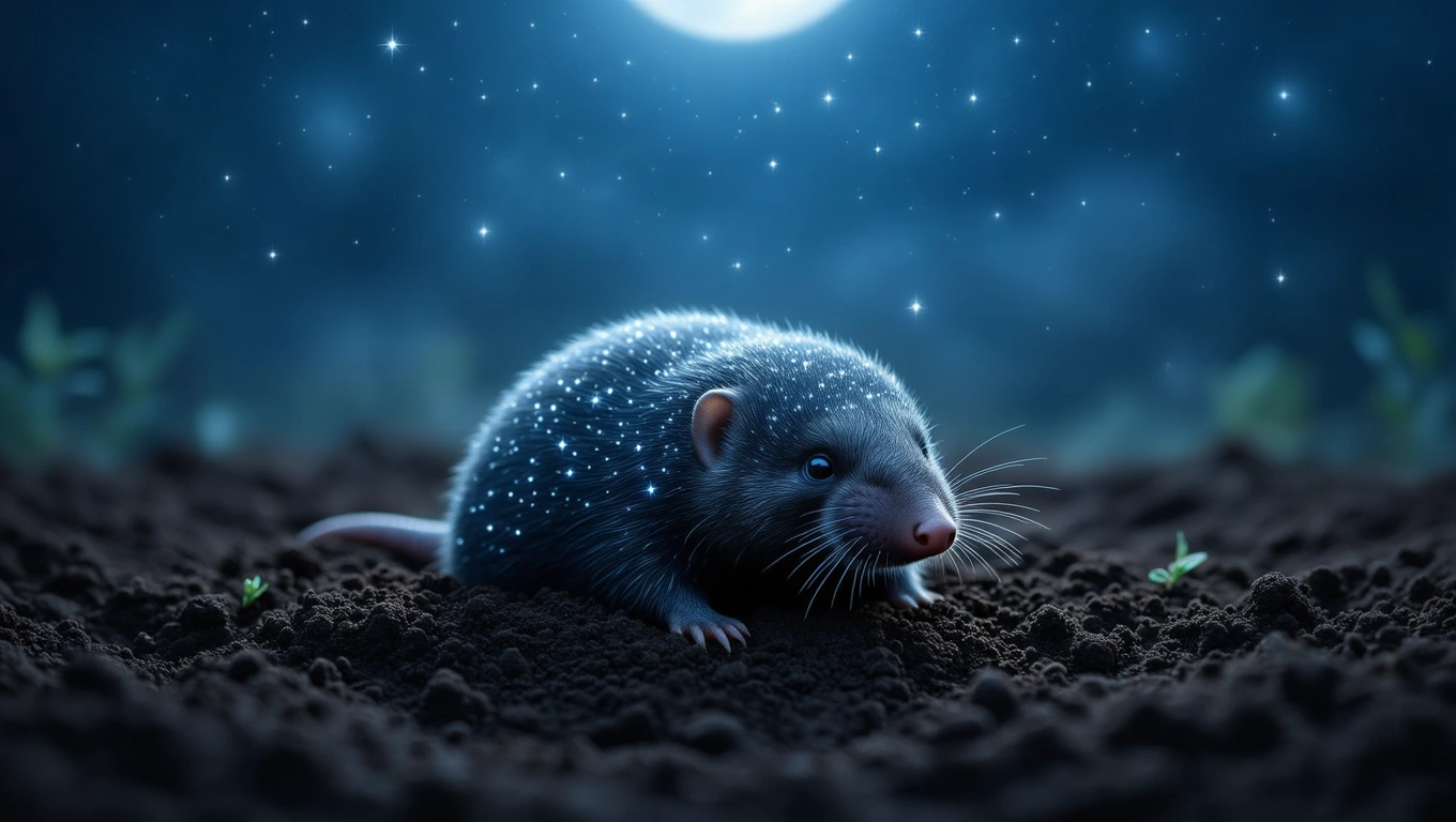 Ein Maulwurf gräbt im dunklen Boden unter einem sternenklaren Himmel.