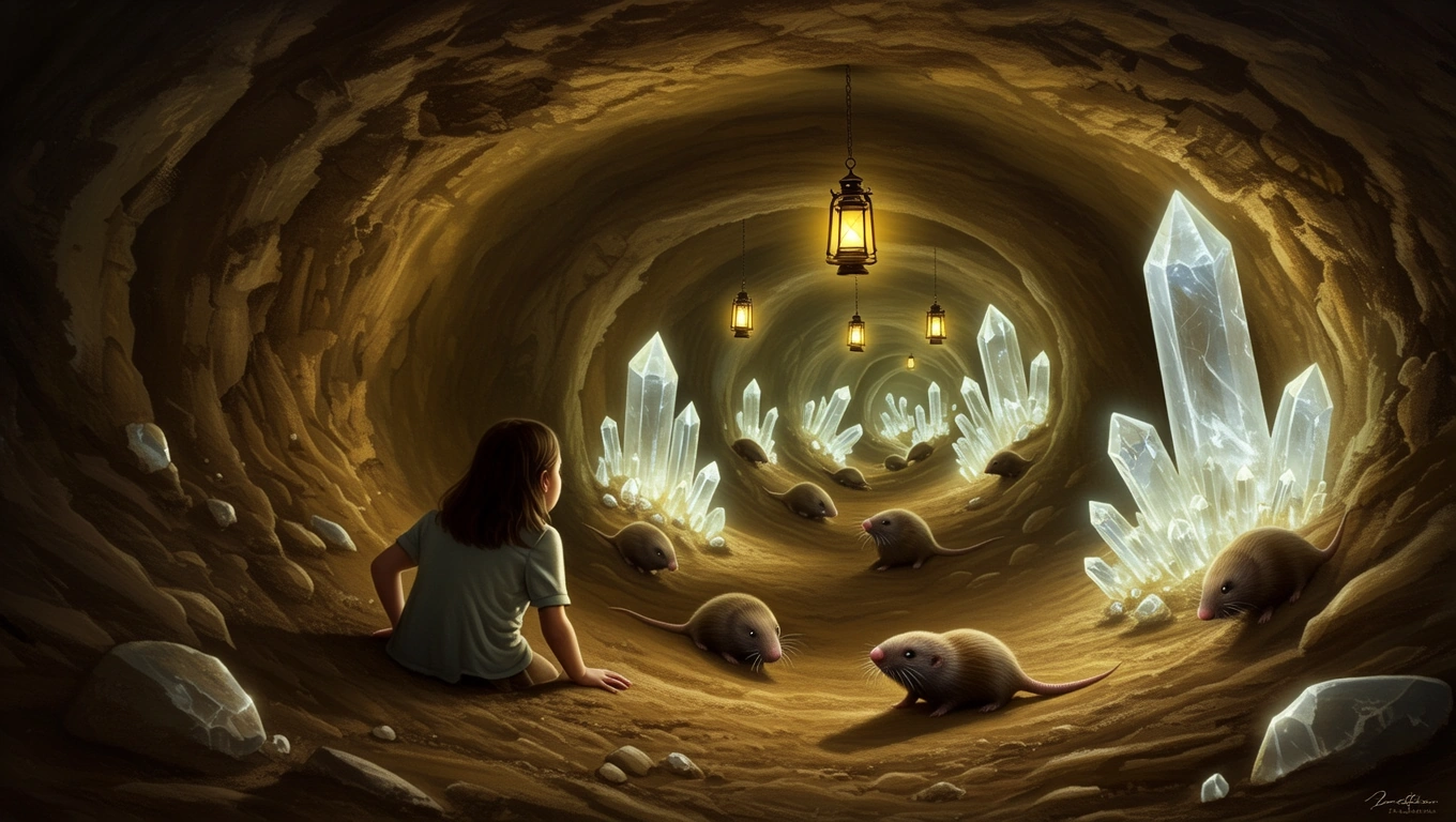 Ein Mädchen sitzt in einem beleuchteten Maulwurfgang mit Kristallen und Maulwürfen.