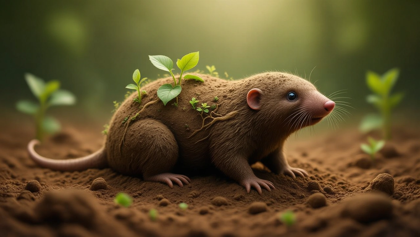 Ein Maulwurf mit Pflanzenwuchs auf seinem Rücken in einer erdigen Umgebung.