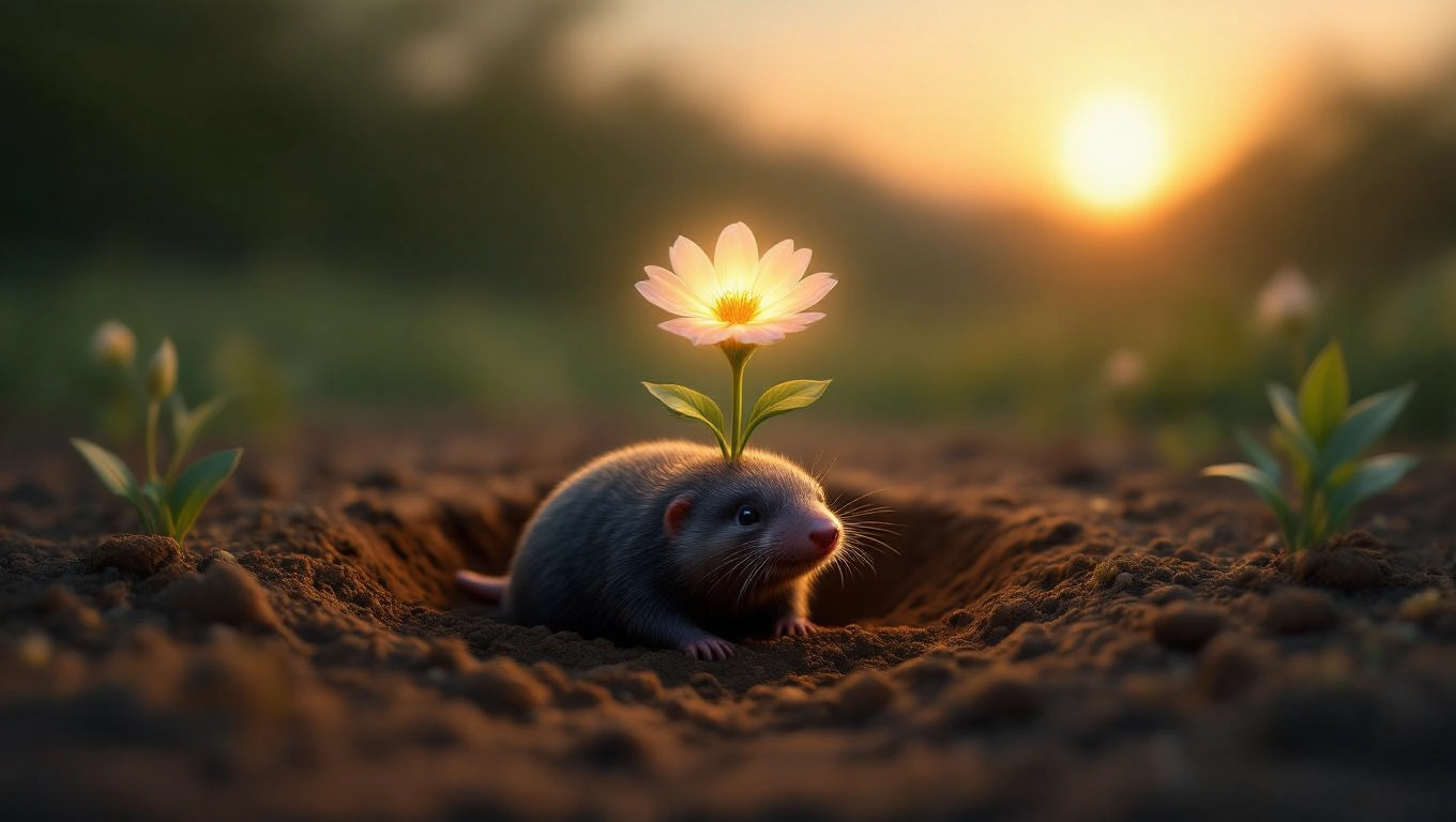 Ein Maulwurf mit einer Blume auf dem Kopf, der aus der Erde schaut.