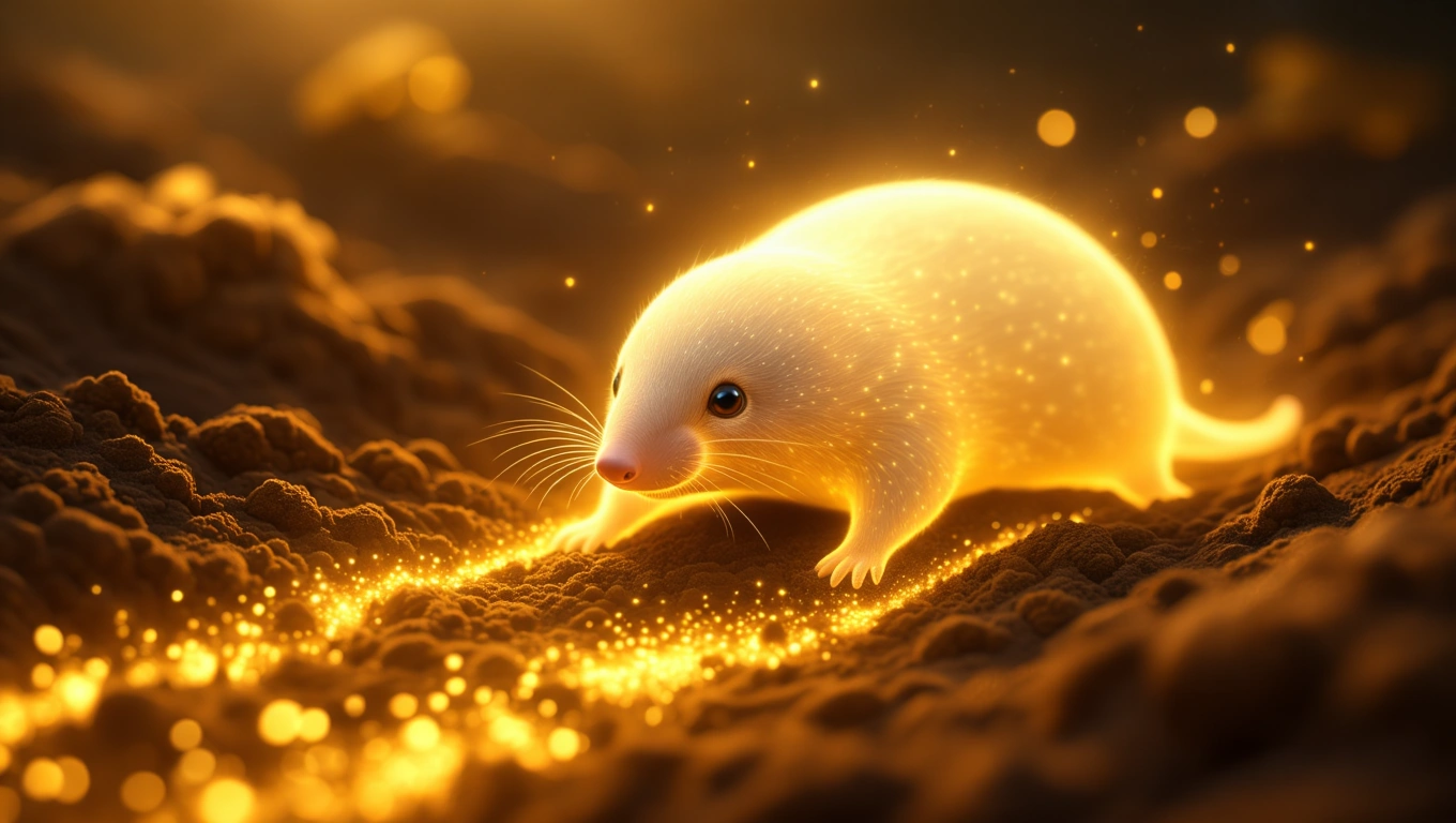 Ein leuchtender Maulwurf gräbt im Boden und symbolisiert verborgene Talente.