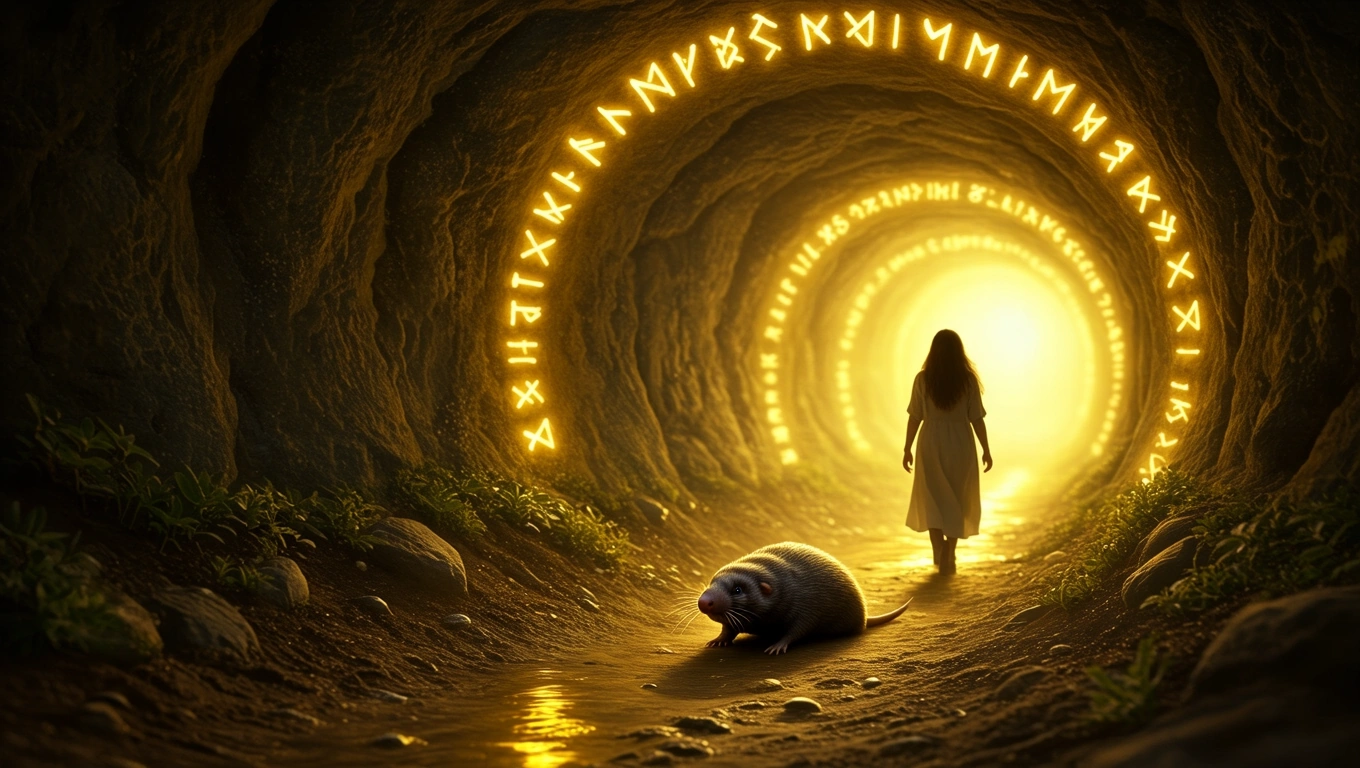 Eine Frau in einem Tunnel mit einem Maulwurf, umgeben von mystischen Symbolen.