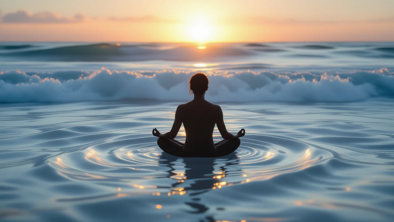Eine Person meditiert im ruhigen Wasser des Meeres bei Sonnenuntergang.