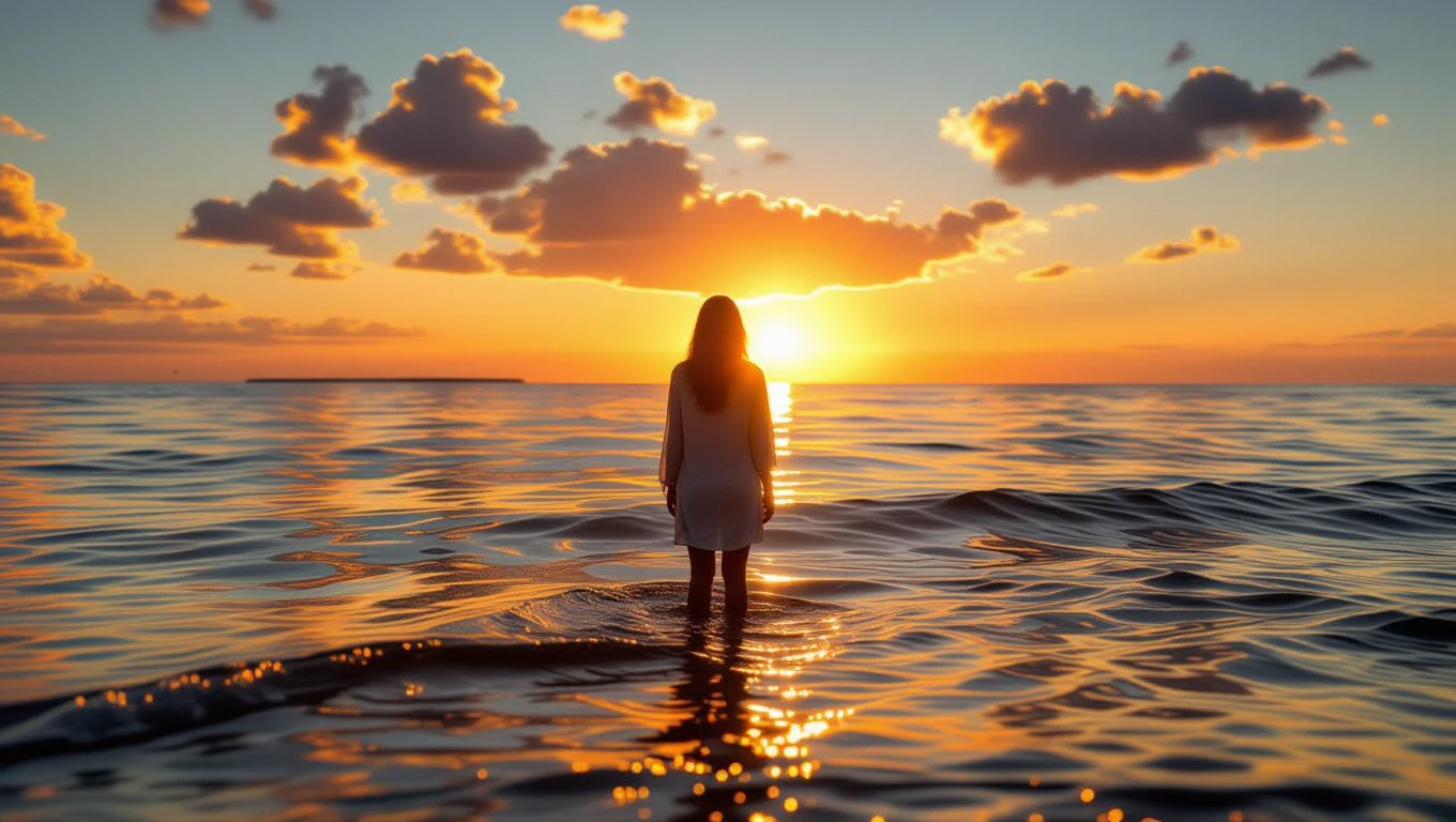 Eine Person steht im Wasser und blickt auf den Sonnenuntergang über dem Meer.