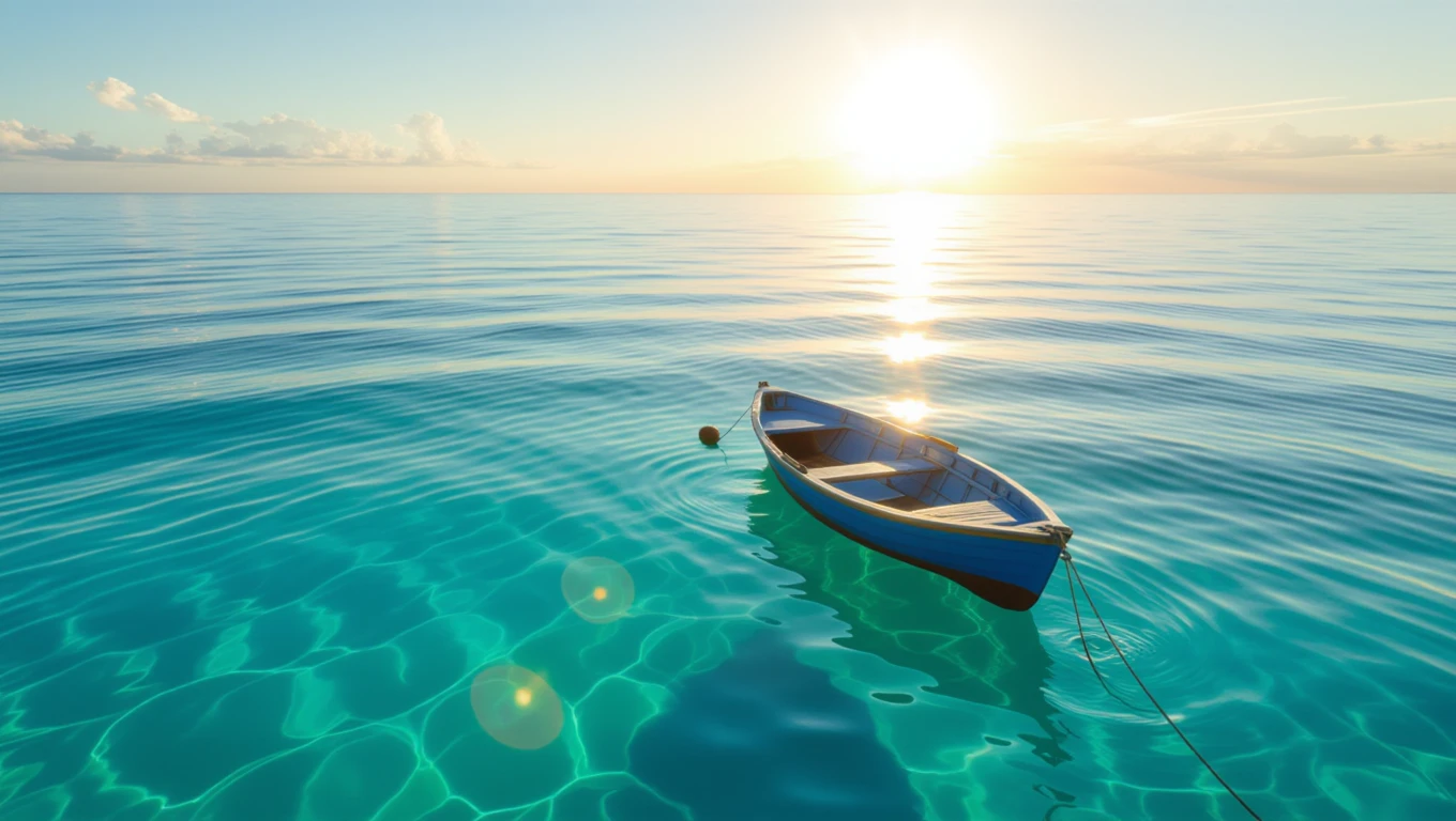 Ein kleines Boot schwimmt ruhig auf dem glitzernden, blauen Meer.