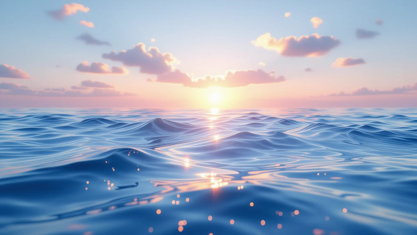 Ruhiges Meer mit sanften Wellen und einem Sonnenuntergang im Hintergrund.