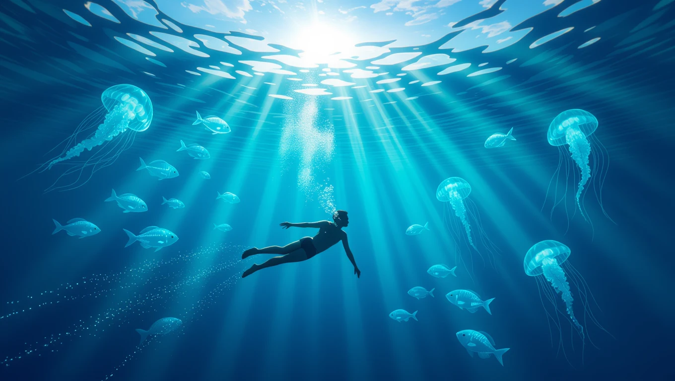 Eine Person schwimmt im klaren Wasser, umgeben von Fischen und Quallen.