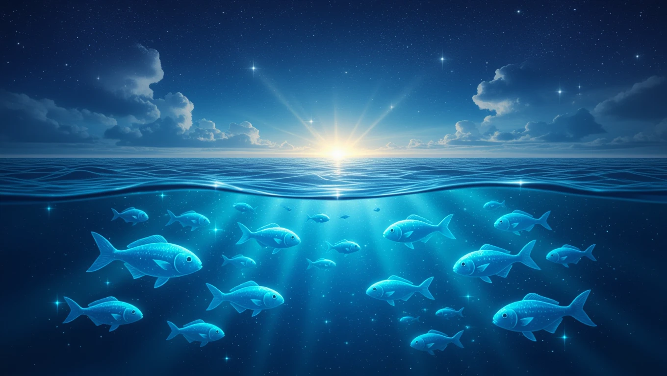 Ein ruhiger Ozean mit Fischen, die im Licht der aufgehenden Sonne schwimmen.