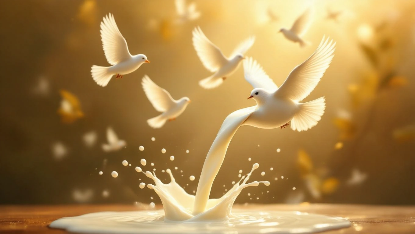 Eine weiße Taube fliegt aus einer Schale mit Milch, umgeben von sanften Lichtstrahlen.