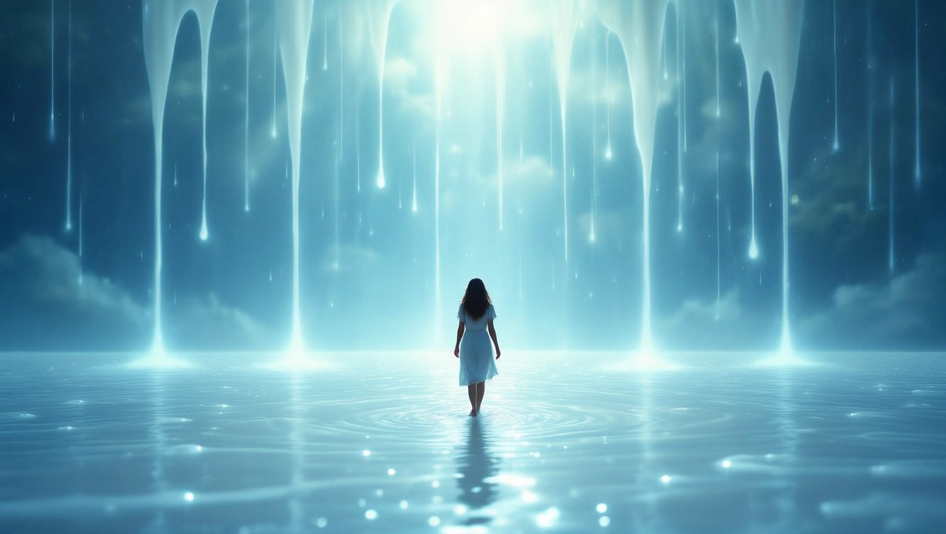 Eine Frau steht in einem ruhigen Wasser, umgeben von sanften Lichtstrahlen.