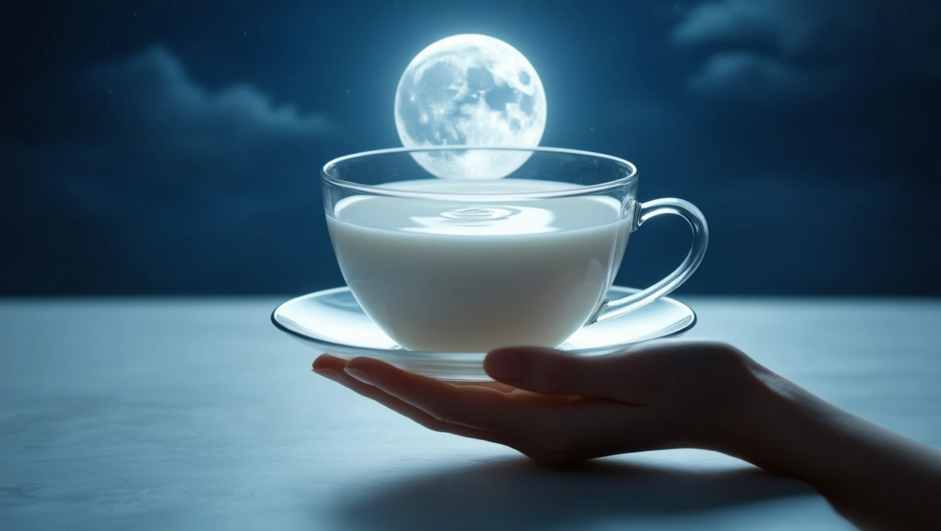 Eine Hand hält eine Tasse Milch vor einem mondbeschienenen Hintergrund.