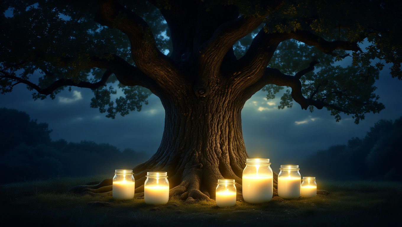 Ein großer Baum mit leuchtenden Gläsern, die Milch symbolisieren, in einer ruhigen Nacht.