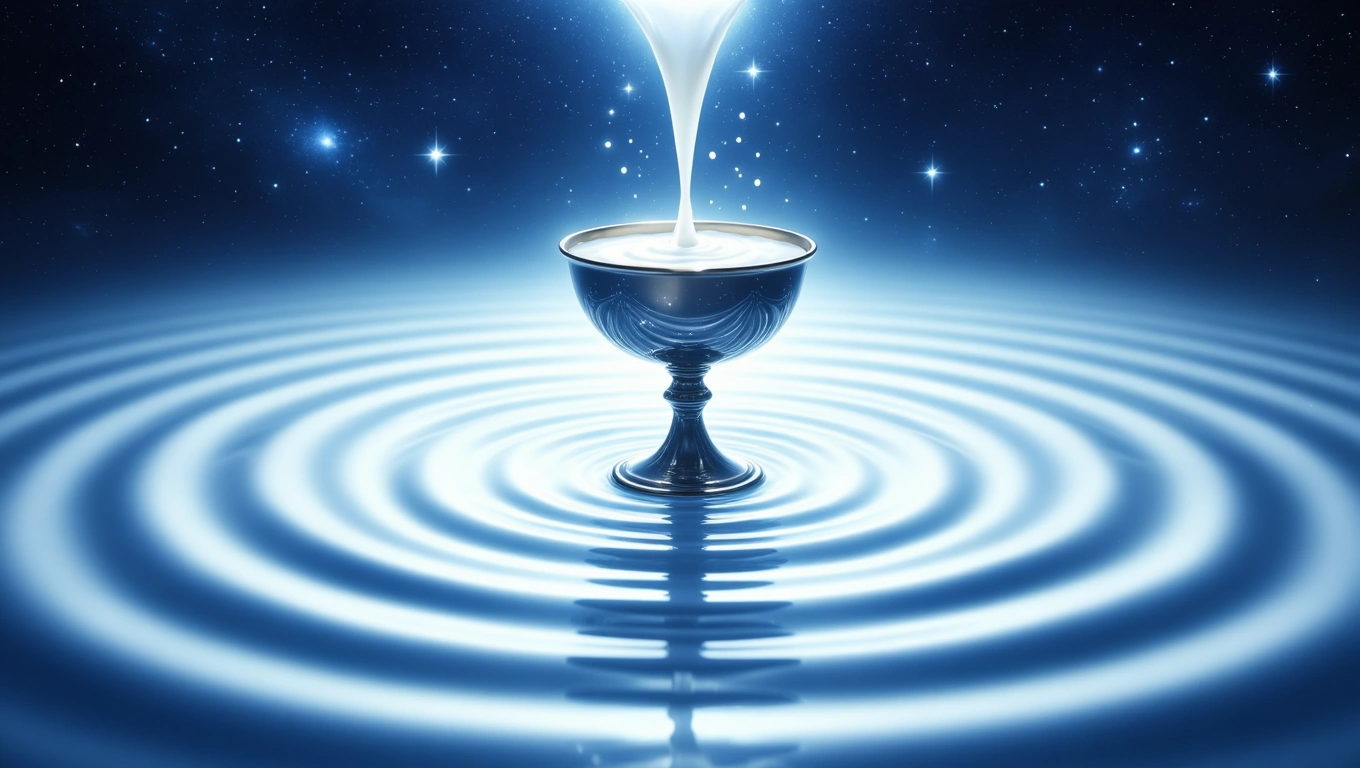 Eine silberne Schale füllt sich mit Milch, während Wellen sich ausbreiten.