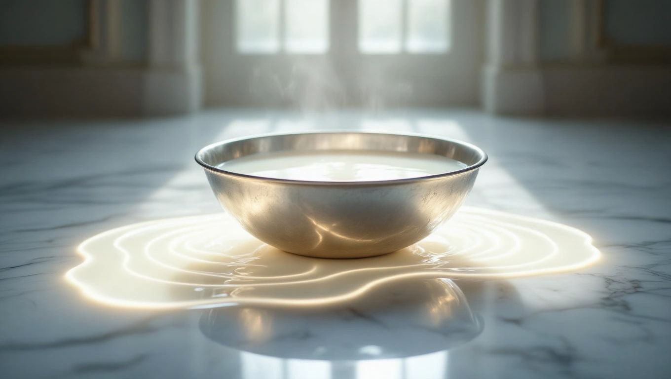 Eine silberne Schüssel mit heißer Milch, die auf einem Marmorboden steht.