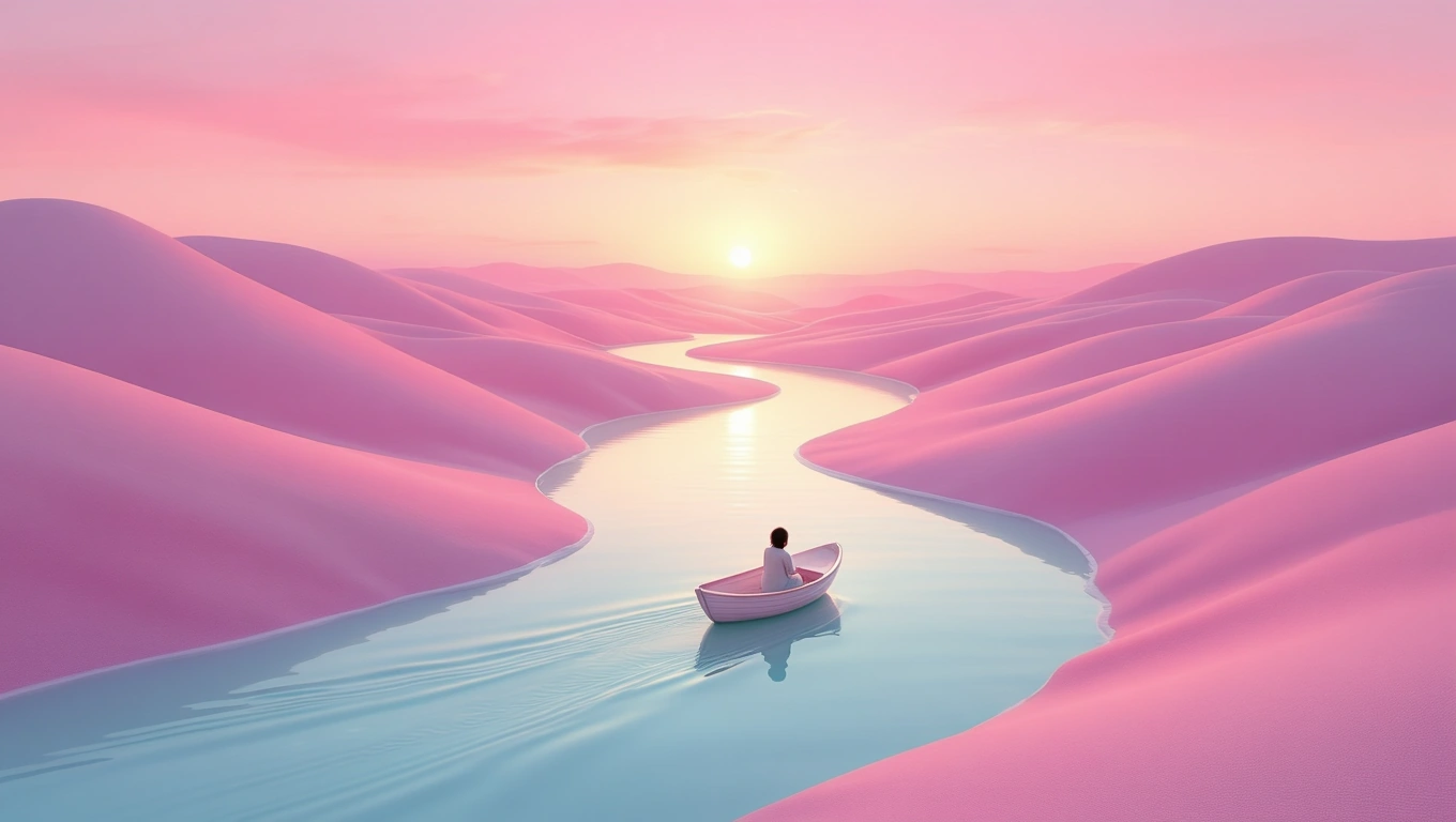 Eine ruhige Landschaft mit sanften, rosa Hügeln und einem Boot auf einem klaren Wasserfluss.