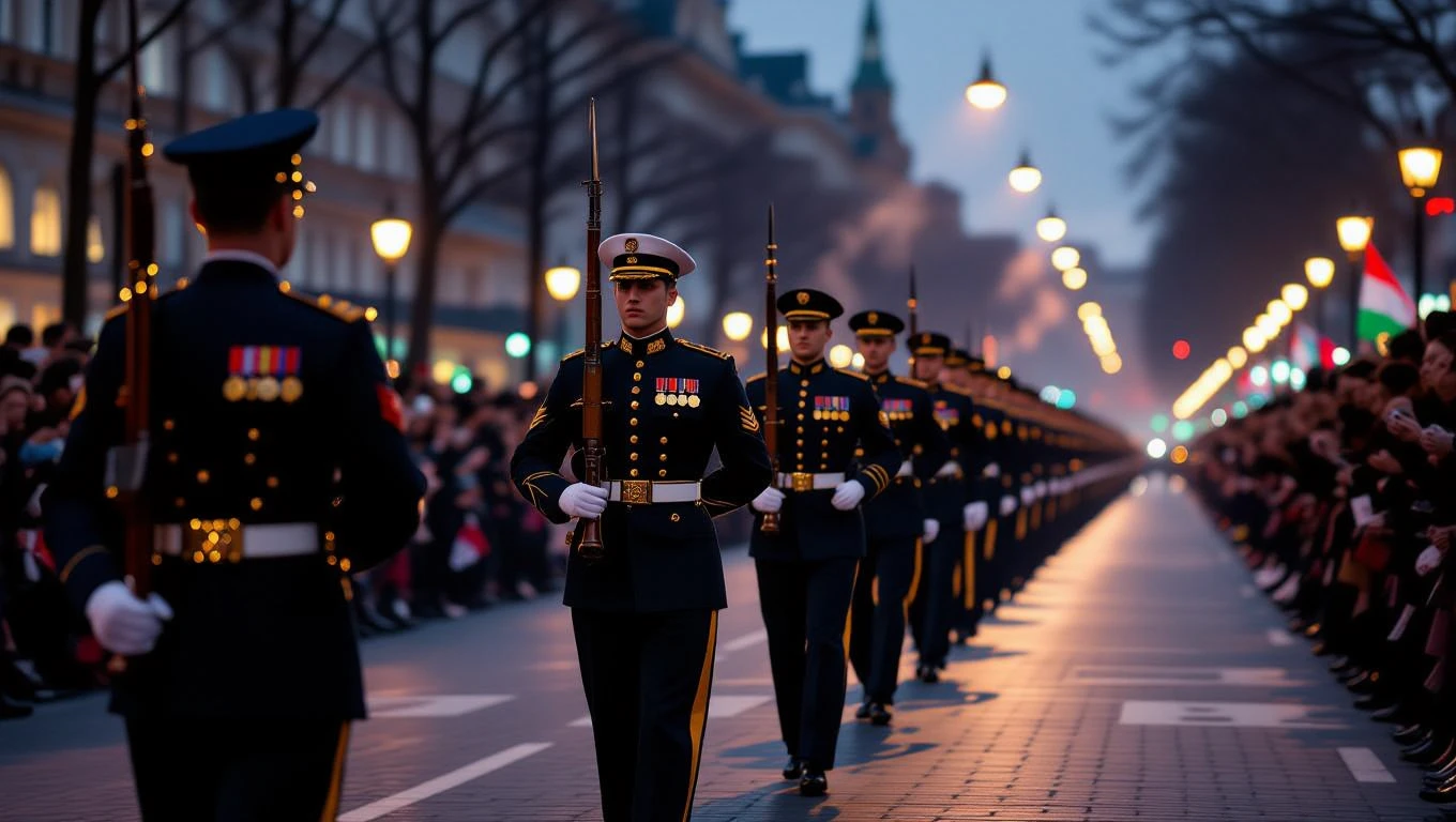 Soldaten in Uniform marschieren während einer Militärparade auf einer beleuchteten Straße.