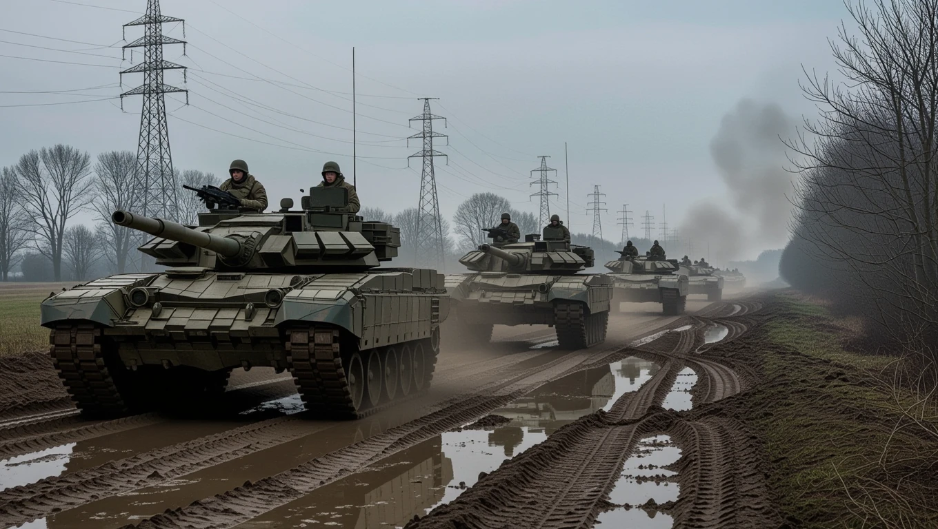Eine Reihe von Militärfahrzeugen fährt durch einen schlammigen Weg in einer nebligen Landschaft.