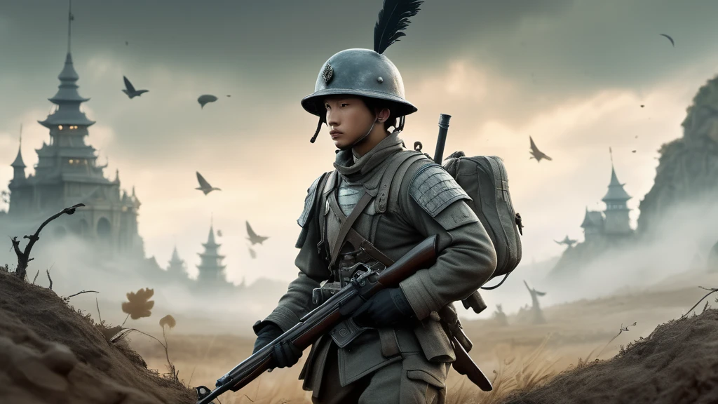 Ein Soldat in historischer Uniform steht in einer nebligen Landschaft.