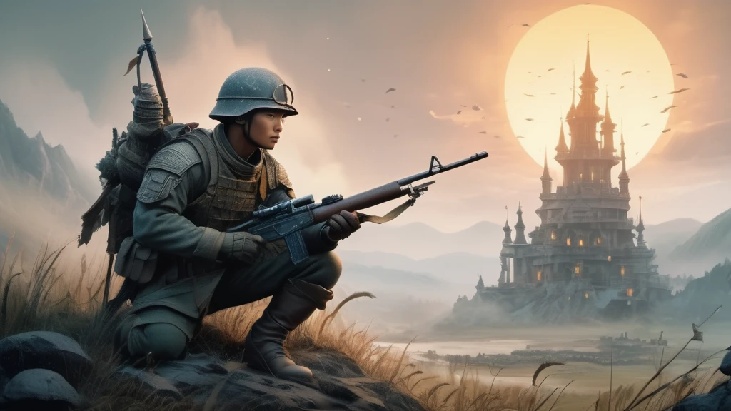 Ein Soldat in Uniform mit Gewehr, vor einer mystischen Burg im Sonnenuntergang.