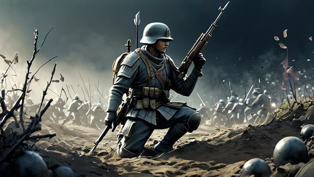 Ein Soldat kniet im Sand, umgeben von anderen Kämpfern und Kriegsgerätschaften.