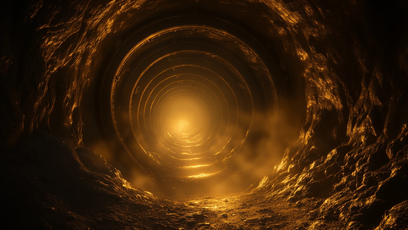 Ein dunkler Tunnel mit goldenem Licht am Ende, symbolisiert innere Entdeckungen.