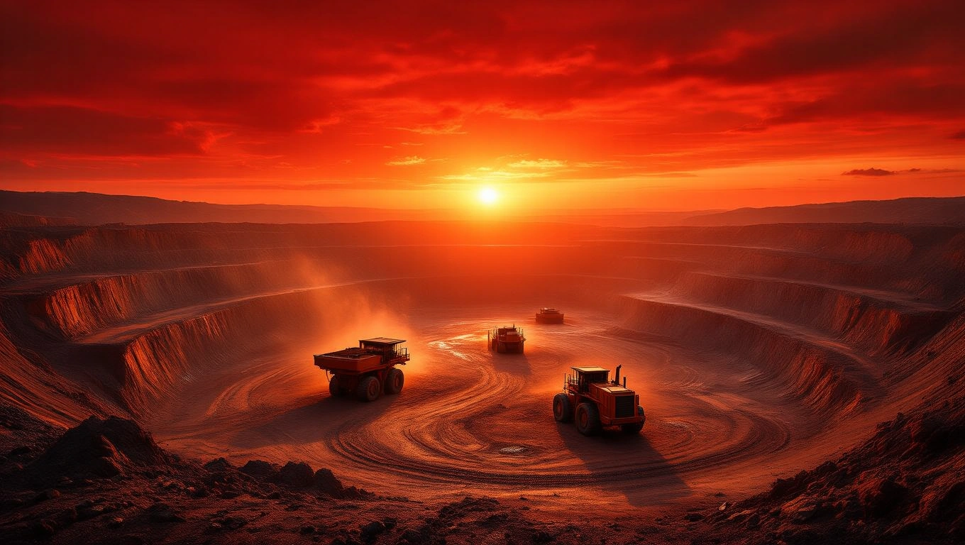 Eine beeindruckende Mine bei Sonnenuntergang, mit schweren Maschinen im Einsatz.