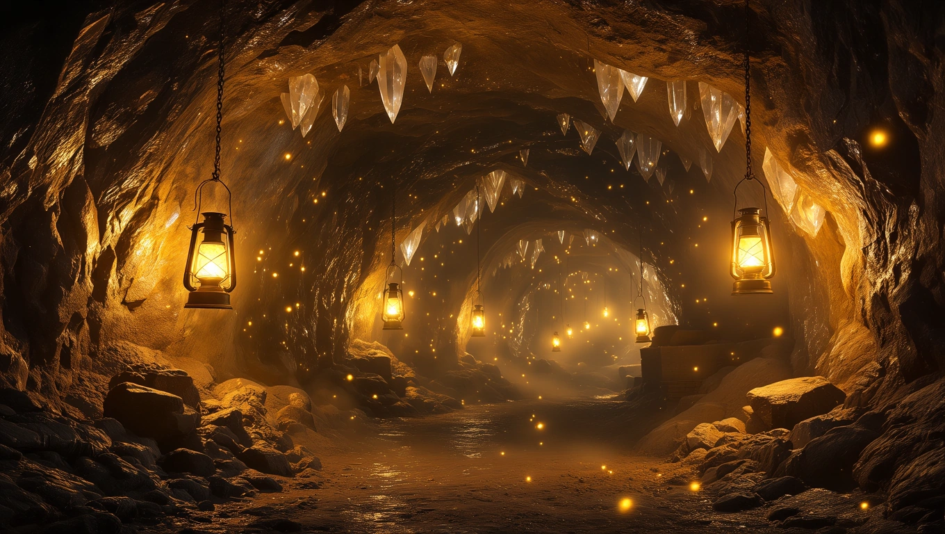 Ein geheimnisvoller Stollen mit leuchtenden Laternen und Kristallen.