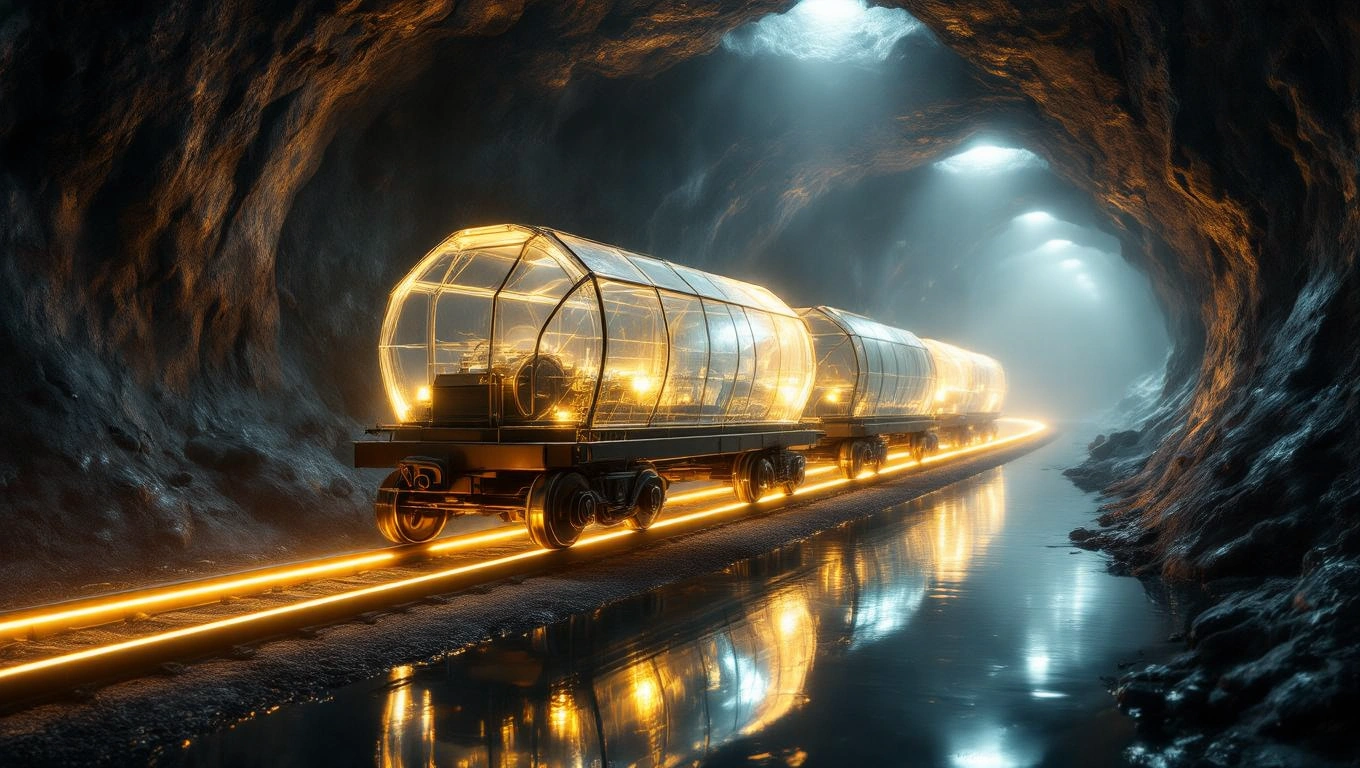 Ein leuchtender Zug in einer dunklen Mine, der auf Schienen fährt.